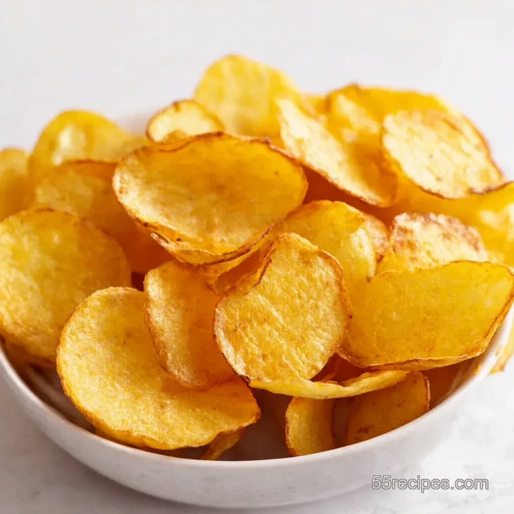 Close-up of crisp golden potato chips.